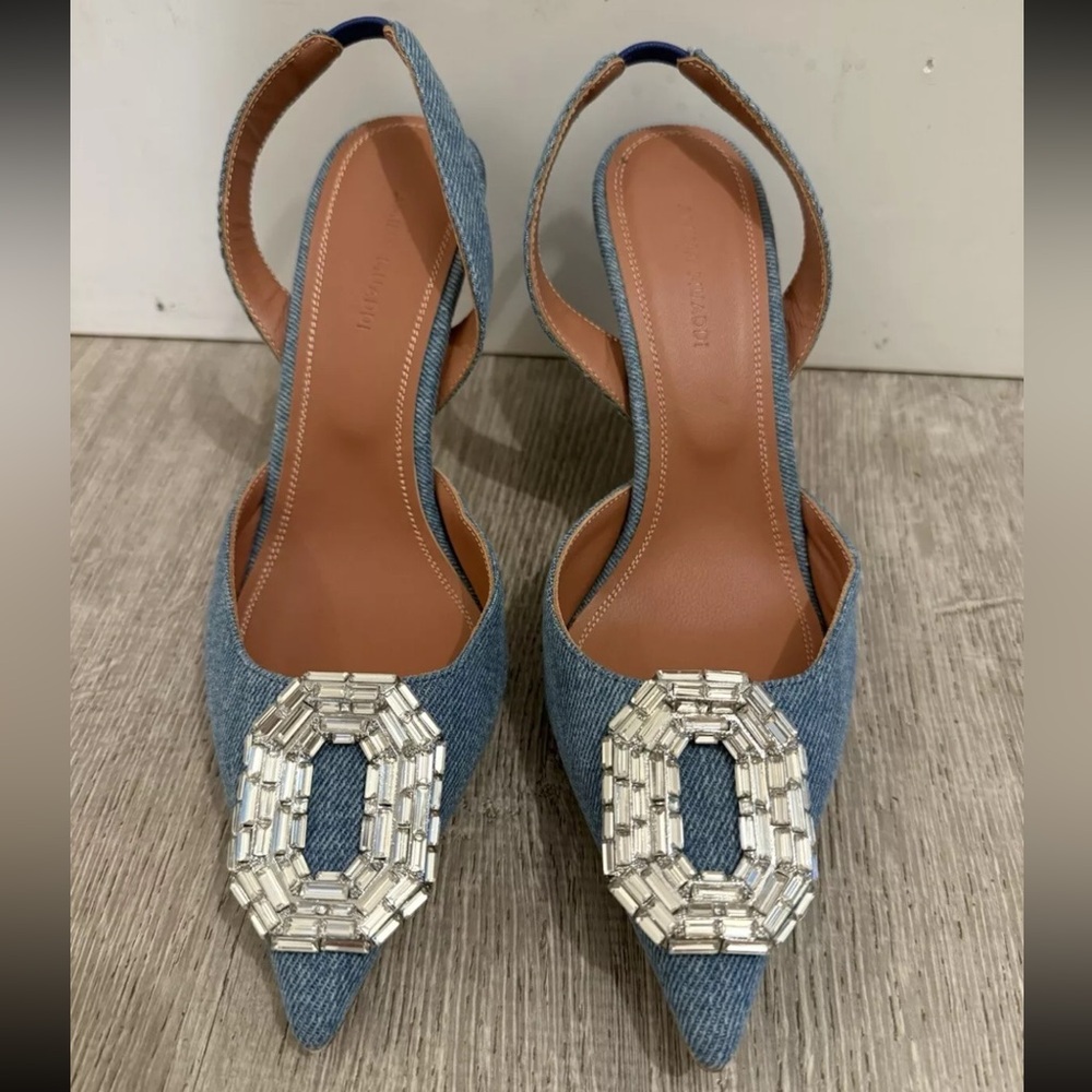 Amina Muaddi Camelia Denim crystal-embellished slingback pumps Euro Size 37 7.5